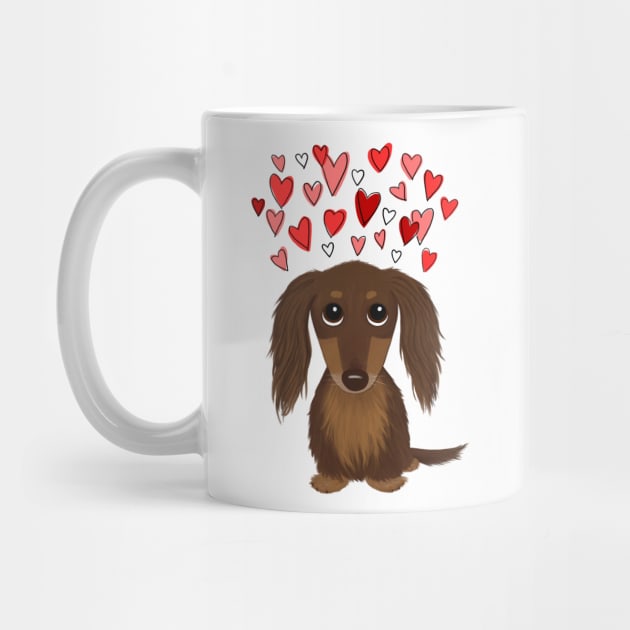 Cute Wiener Dog | Longhaired Chocolate Dachshund with Valentine Hearts by Coffee Squirrel